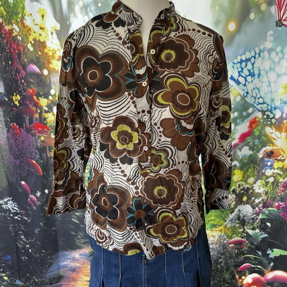 VTG 90s Lucky Brand Top Womens Size Small Brown Retro Floral Funky Psychedelic